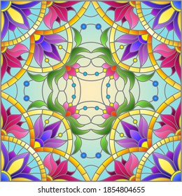 Illustration in the stained glass style with an abstract flower arrangement on a blue background, square image