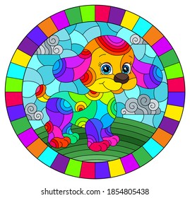 Illustration in stained glass style with abstract cute rainbow dog on a sky background,oval image in bright frame
