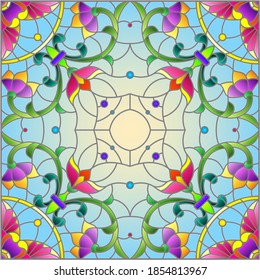 Illustration in the stained glass style with an abstract flower arrangement on a blue background, square image