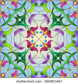 Illustration in the stained glass style with an abstract flower arrangement on a blue background, square image