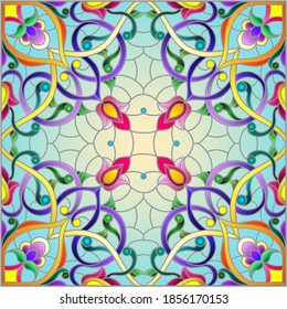 Illustration in the stained glass style with an abstract flower arrangement on a blue background, square image