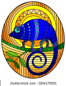 Illustration in stained glass style with abstract geometric blue chameleon on an orange background, oval image