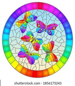 Illustration in stained glass style with abstract bright butterflies on a blue background, oval image in bright frame