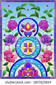 Illustration in the stained glass style with an abstract flower arrangement on a light yellow background, vertical image