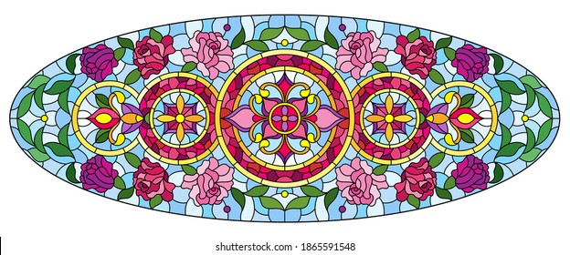 Illustration in the stained glass style with an abstract flower arrangement on a light blue background, oval horizontal image