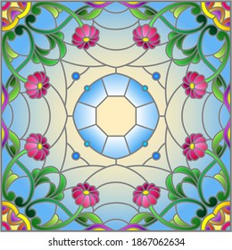 Illustration in the stained glass style with an abstract flower arrangement on a blue background, square image