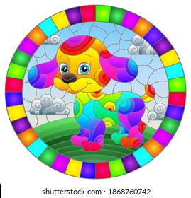 Illustration in stained glass style with abstract cute rainbow dog on a sky background,oval image in bright frame