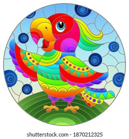 Illustration in stained glass style with abstract cute  rainbow  parakeet on a sky background 