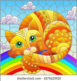 Illustration in stained glass style with abstract cute red  cat on a sky background with rainbow, rectangular images