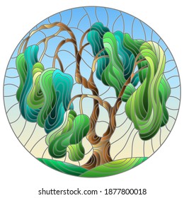 Illustration in stained glass style with an abstract green tree on a background of blue sky, oval image