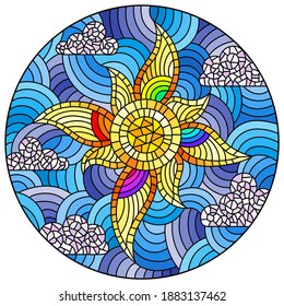 Illustration in stained glass style with an abstract bright sun on a blue sky background and a cloud, round image