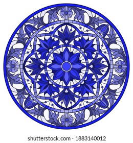 Illustration in stained glass style with abstract flowers, swirls and leaves on a light background,round image in frame, tone blue