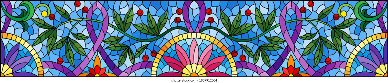 Illustration in stained glass style with abstract flowers, leaves and curls on a blue background, rectangular horizontal image