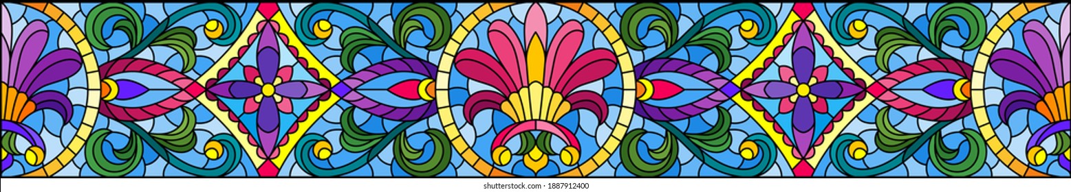 Illustration in stained glass style with abstract flowers, leaves and curls on a blue background, rectangular horizontal image