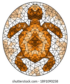 Illustration in stained glass style with an abstract mosaic turtle on a light background, oval image, tone brown, sepia