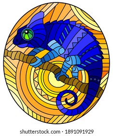 Illustration in stained glass style with abstract geometric blue chameleon and sun on an orange background , oval image