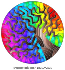 Illustration in stained glass style with an abstract  tree on a rainbow background, round image