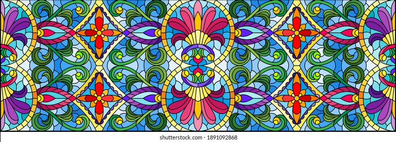 Illustration in stained glass style with abstract flowers, leaves and curls on a blue background, rectangular horizontal image