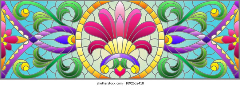 Illustration in stained glass style with abstract flowers, leaves and curls on a blue background, rectangular horizontal image