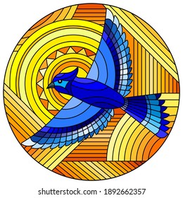 Illustration in stained glass style with abstract geometric blue bird and the sun on an orange background, round image