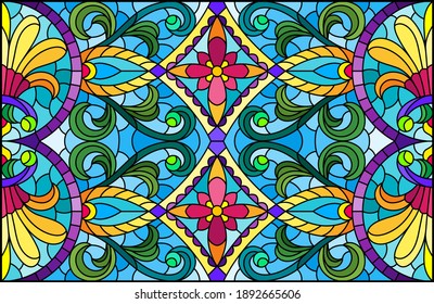 Illustration in stained glass style with abstract flowers, leaves and curls on a blue background, rectangular horizontal image