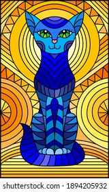 Illustration in stained glass style with abstract geometric blue cat and the sun on an abstract orange background