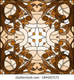 Illustration in stained glass style with abstract flowers, swirls and leaves  on a light background,square orientation, sepia