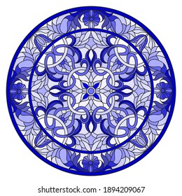 Illustration in stained glass style with abstract flowers, swirls and leaves on a light background,round image in frame, tone blue