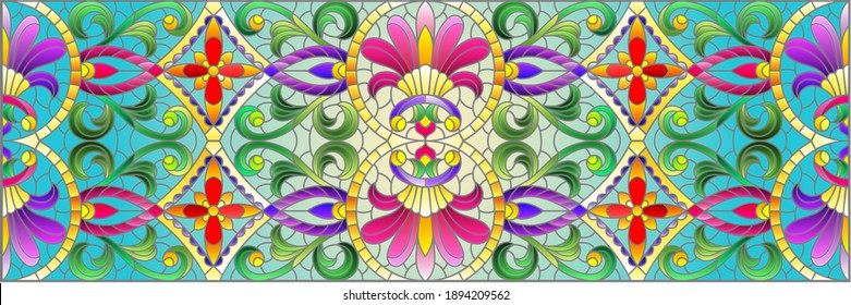 Illustration in stained glass style with abstract flowers, leaves and curls on a blue background, rectangular horizontal image