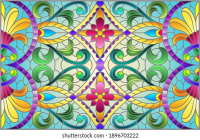 Illustration in stained glass style with abstract flowers, leaves and curls on a blue background, rectangular horizontal image