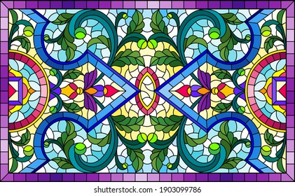 Illustration in stained glass style with abstract flowers, leaves and curls on a light background, rectangular horizontal image in frame