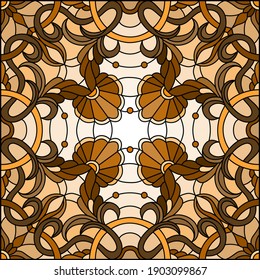 Illustration in stained glass style with abstract flowers, swirls and leaves  on a light background,square orientation, sepia