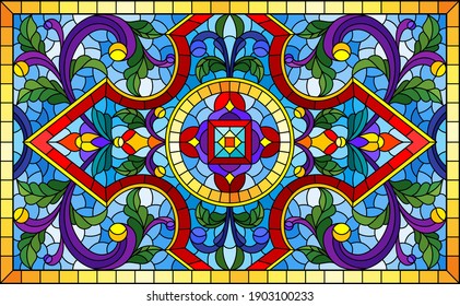 Illustration in stained glass style with abstract flowers, leaves and curls on a blue background, rectangular horizontal image