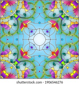 Illustration in the stained glass style with an abstract flower arrangement on a blue background, square image