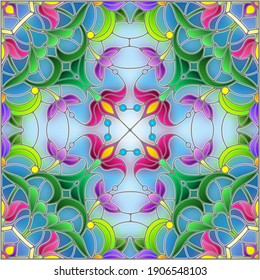 Illustration in the stained glass style with an abstract flower arrangement on a blue background, square image