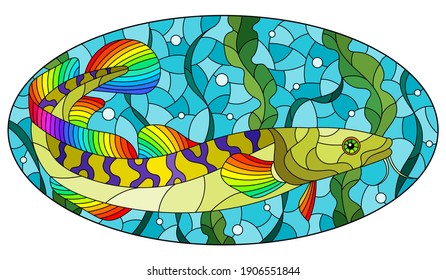 Illustration in stained glass style with an abstract burbot fish on a background of algae, air bubbles and water, oval image