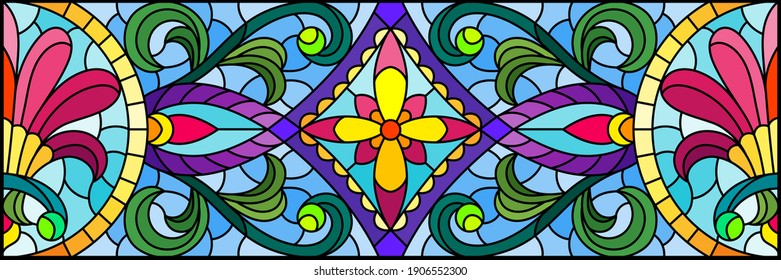 Illustration in stained glass style with abstract flowers, leaves and curls on a blue background, rectangular horizontal image