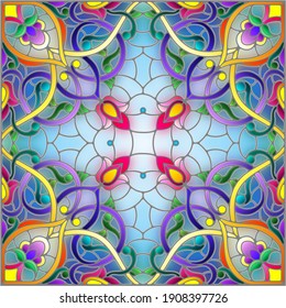 Illustration in the stained glass style with an abstract flower arrangement on a blue background, square image