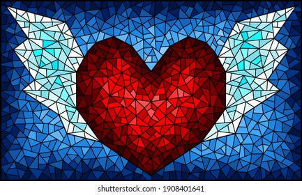 Illustration in stained glass style with an abstract heart with wings on a blue background, rectangular image