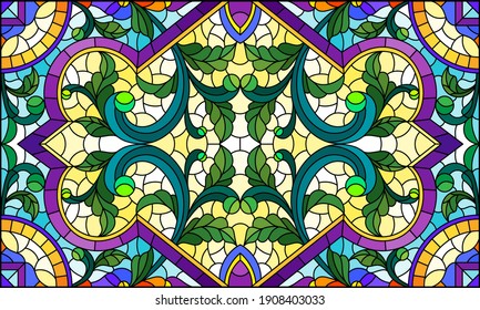 Illustration in stained glass style with abstract flowers, leaves and curls on a light background, rectangular horizontal image