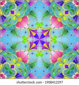 Illustration in the stained glass style with an abstract flower arrangement on a blue background, square image