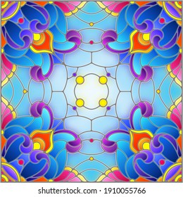 Illustration in the stained glass style with an abstract flower arrangement on a blue background, square image
