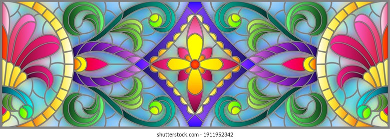 Illustration in stained glass style with abstract flowers, leaves and curls on a blue background, rectangular horizontal image