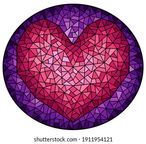 Illustration in stained glass style with an abstract pink heart on a purple background, oval image