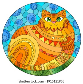 Illustration in stained glass style with abstract cute red cat on a blue background, oval image