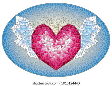 Illustration in stained glass style with an abstract pink heart with wings on a blue background, oval image