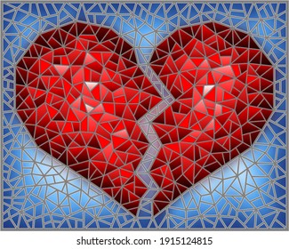 Illustration in stained glass style with an abstract red broken heart  on a blue background, rectangular image