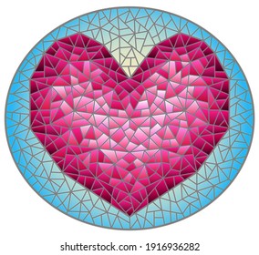 Illustration in stained glass style with an abstract pink heart on a purple background, oval image