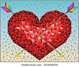 Illustration in stained glass style with an abstract red heart pierced by arrows on a blue background, rectangular image