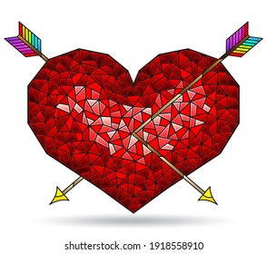 Illustration in stained glass style with abstract heart with arrows, figure isolated on white background